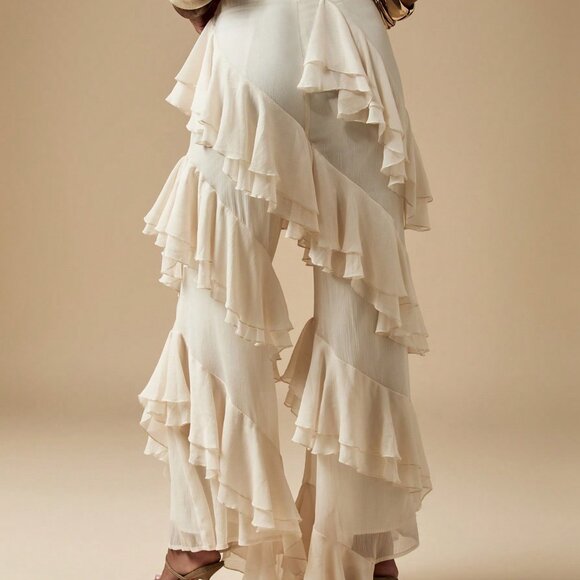 White Casual Women's High Waisted Wide Leg Chiffon Pants - Picture 2 of 6